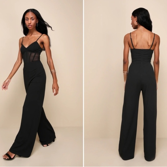 LULU's Sexy Chic Elegant Sheer Bustier Corset Black Wideleg Jumpsuit Pantsuit - Picture 4 of 6